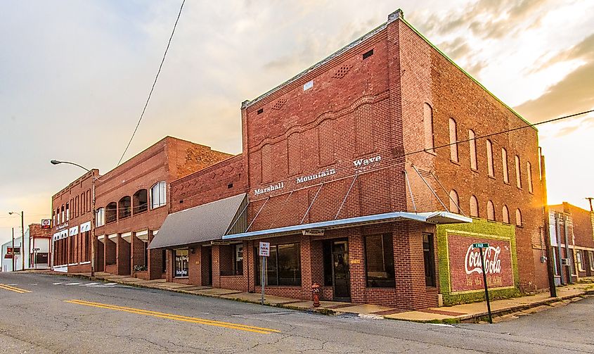 Rustic buildings in Marshall, Arkansas.