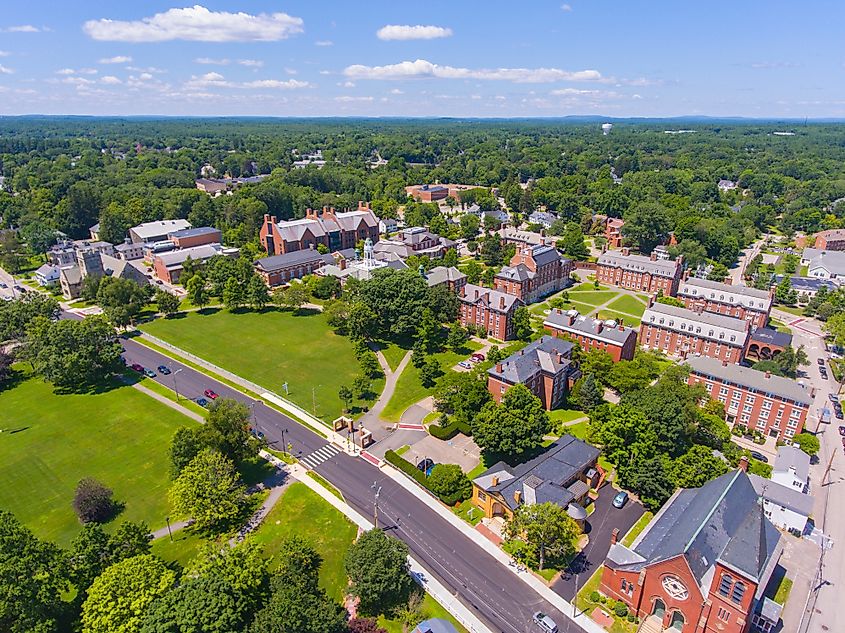 Aerial view of the Academy Building at Phillips Exeter Academy in the historic town center of Exeter, New Hampshire, USA. This building serves as the main structure on the campus.