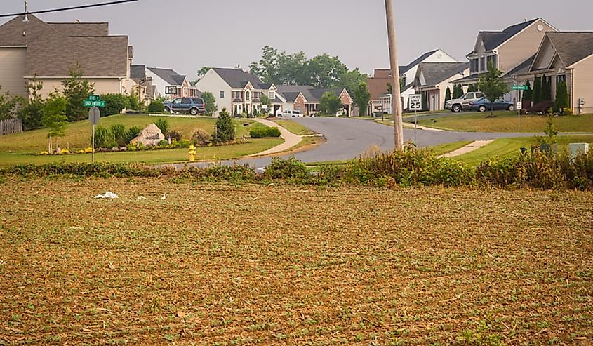 Development encroaches on farm land, Adamstown, Maryland.