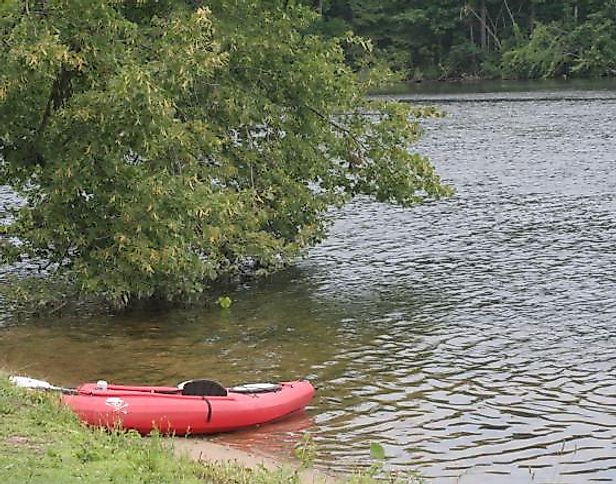 View of red kayak on Lake Manitou, Treasure Island, Indiana