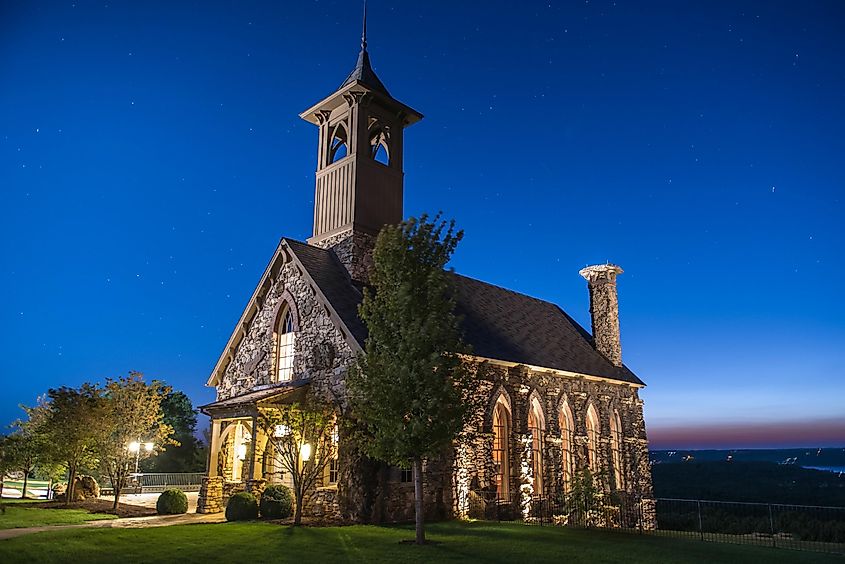 Chapel of the Ozarks at Big Cedar Lodge at sunset in Ridgedale, Missouri
