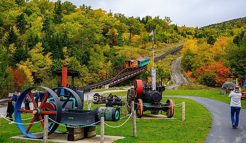 The world famous oldest cogwheel that takes you to the top of Mount Washington in New Hampshire during the fall season