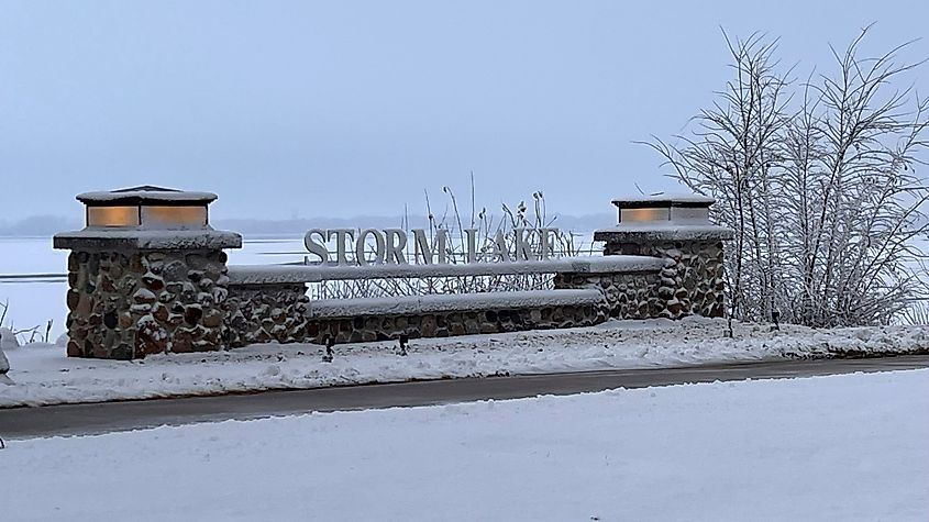 Storm Lake sign in winter. 