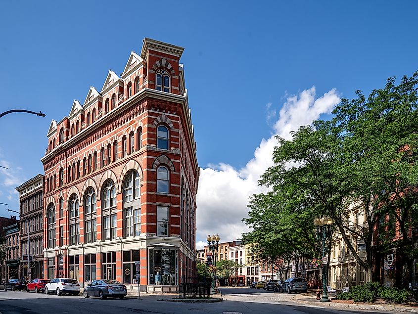 Landscape view of the historic Rice Building in Troy, New York. 