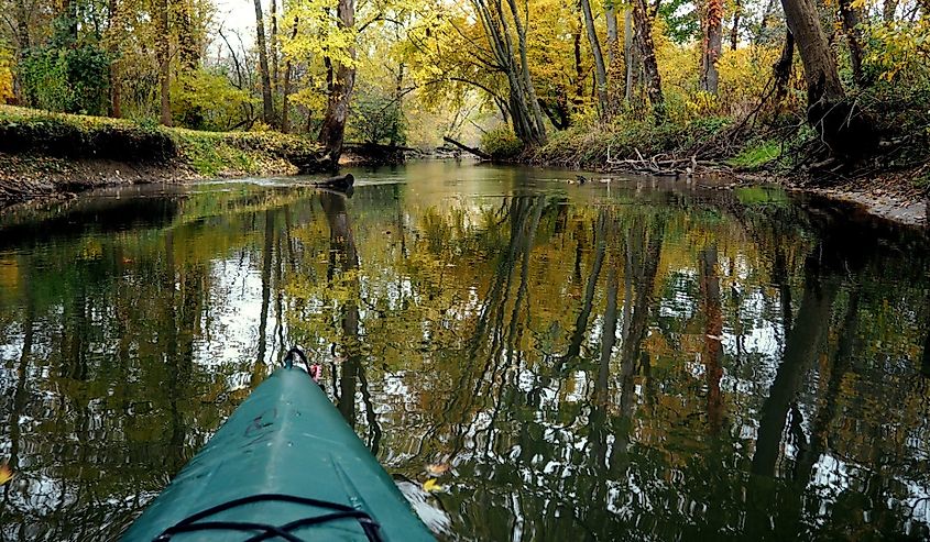 Fall landscape with forest reflecting in the water in Indiana Dunes National Park.