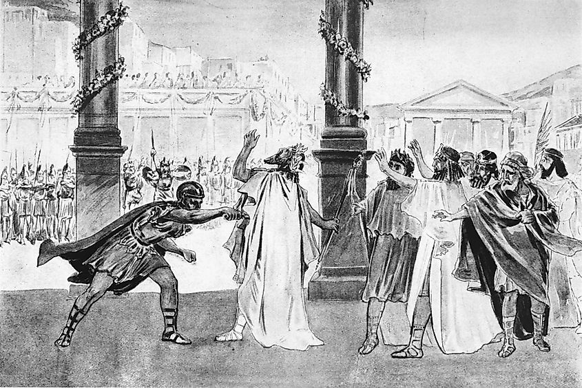 Depiction of Philip's assassination by Pausanias in The Story of the Greatest Nations (c. 1900)