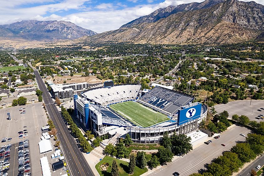 Aerial view of Brigham Young University's Lavell Edwards Stadium in Provo, Utah