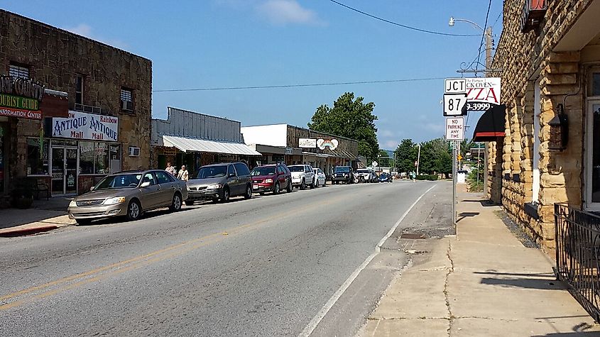 Historic businesses along Highway 66 in Mountain View, Arkansas.