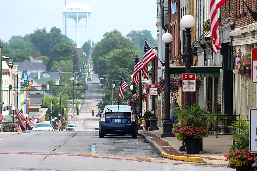 Downtown street in Harrodsburg, Kentucky.