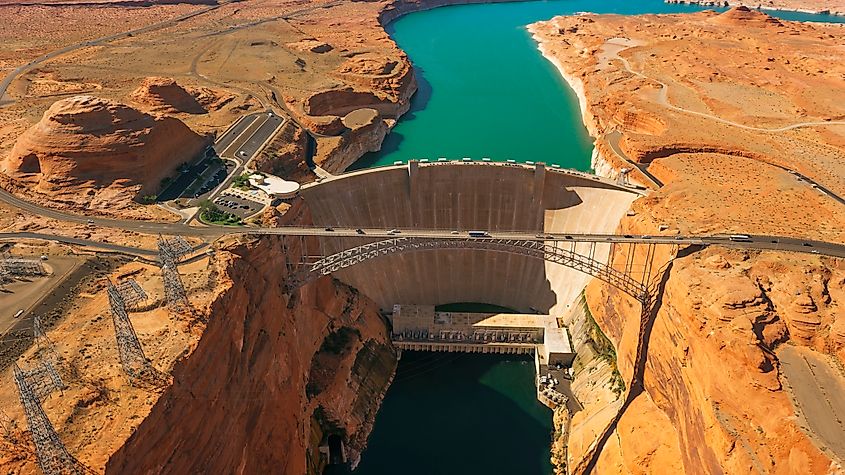 Glen Canyon Dam and the Glen Canyon Dam Bridge over Lake Powell in Arizona.