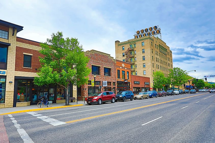 Hotel Baxter and other brick buildings along a street in Bozeman, Montana.