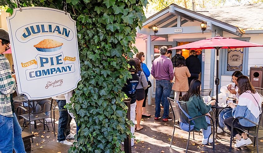 A line of customers queues out the door waiting to order at the Julian Pie Company