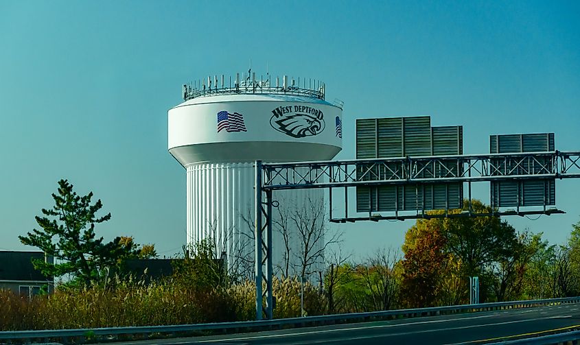 West Deptford water tower in New Jersey. Most modern water towers can hold anywhere from 250,000 to 2 million gallons of water. Editorial credit: Oleg Kovtun Hydrobio / Shutterstock.com