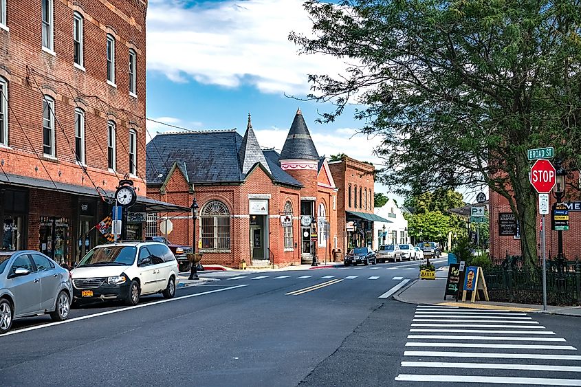 Old brick buildings and narrow streets with small tourist shops in Berlin, Maryland