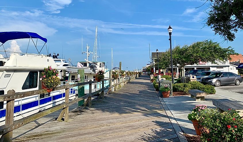 Beautiful summer day on the boardwalk waterfront, Beaufort, North Carolina. Image credit Ryan McGurl via Shutterstock