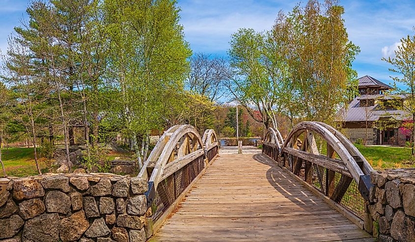 Wood bridge and walking trails at Lincoln Woods State Park near Providence, Rhodes Island, USA, with vibrant spring sprouts and foliage