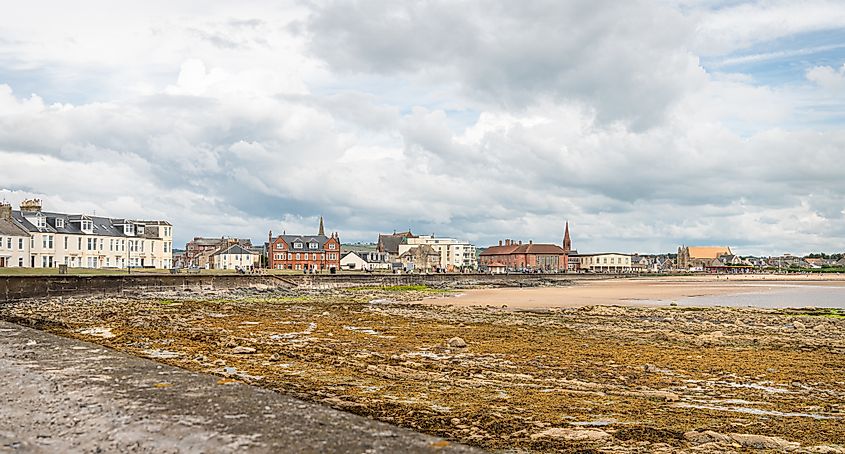 The beach and southern seafront of Troon in Ayrshire, Scotland.