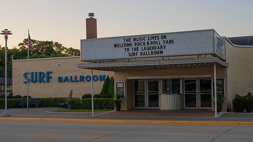 The legendary Surf Ballroom was host to the last concert performance of Buddy Holly. Clear Lake, Iowa. Editorial credit: Kevin Isaacson / Shutterstock.com