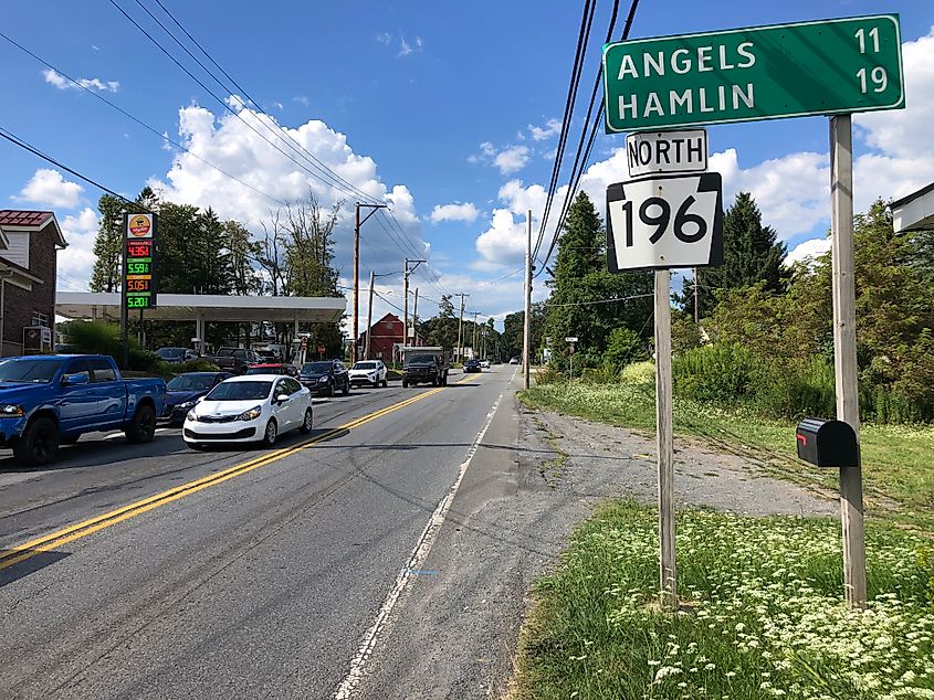 View north along Pennsylvania State Route 196 (Sterling Road) just north of the intersection with Pennsylvania State Route 611 (Pocono Boulevard) and Pennsylvania State Route 940 in Mount Pocono, Monroe County, Pennsylvania