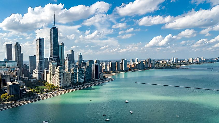 Chicago downtown skyscrapers and lake Michigan cityscape, Illinois, USA.
