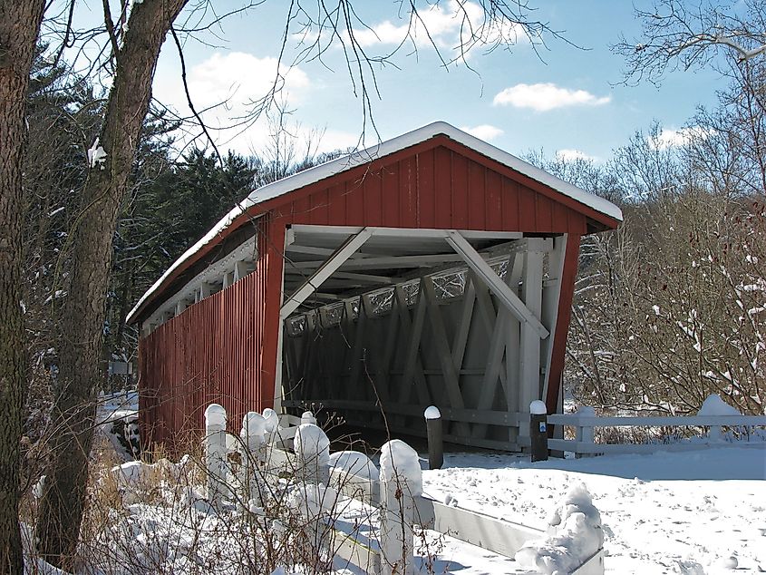 Red Everett Road Covered Bridge on a sunny winter day in Peninsula, Ohio.