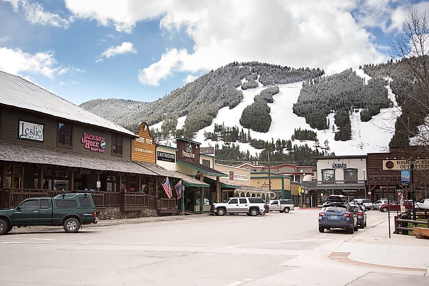 View of the Snow King Mountain from downtown Jackson, Wyoming, in winter
