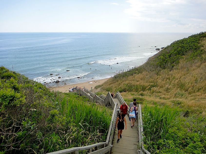 Stairs leading to Mohegan Bluffs and beach on Block Island, New Shoreham, Rhode Island.