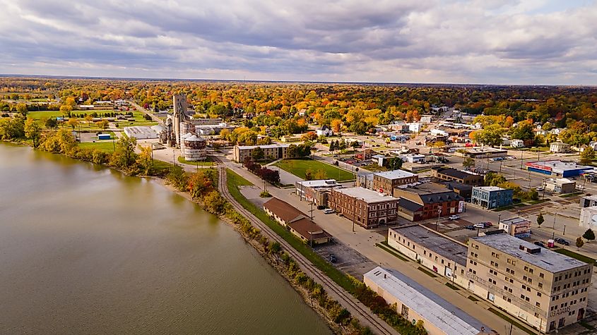 Aerial view of downtown Saginaw, Michigan, at the peak of the fall colors. Editorial credit: Matthew G Eddy / Shutterstock.com