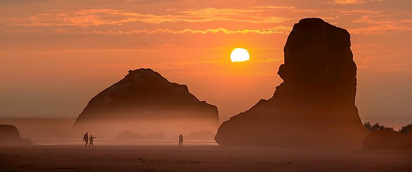 Face rock on the beach at Bandon, Oregon, at sunset.