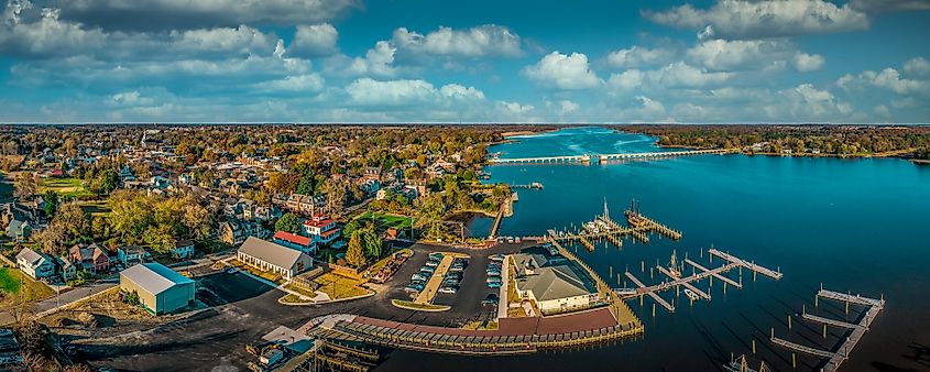 Aerial summer view of colonial Chestertown on the Chesapeake Bay, Maryland, USA.