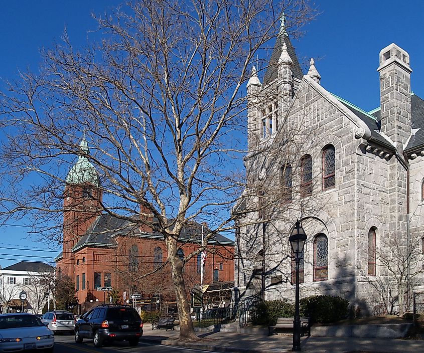 View of the library and town hall in Warren, Rhode Island.