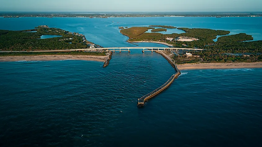 Sunrise aerial view of Sebastian Inlet in Sebastian, Florida.