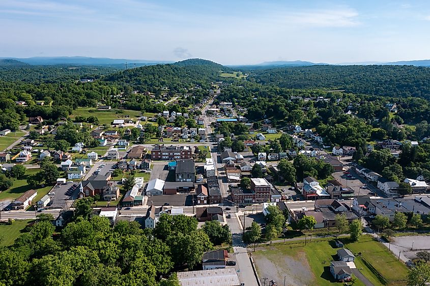 Aerial View of Hancock Maryland and the Forest and Mountains Near the Potomac River.