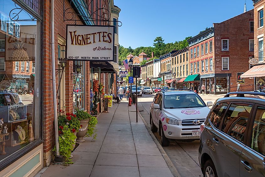 Quaint shops and historic brick buildings line the Main Street of Galena, Illinois.