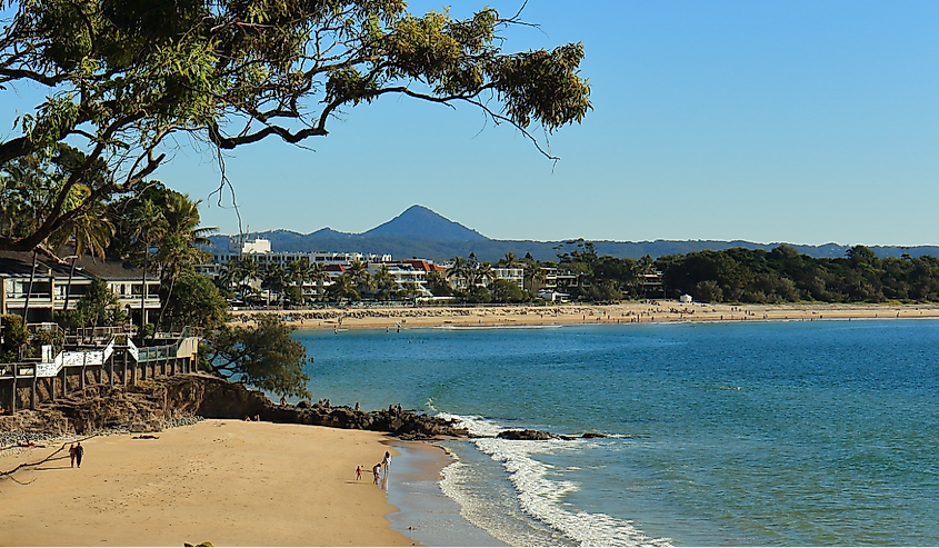 Scenic view of Little Cove Beach and Noosa Heads main beach, with Cooroy Mountain in the background, in July - Sunshine Coast, Queensland, Australia