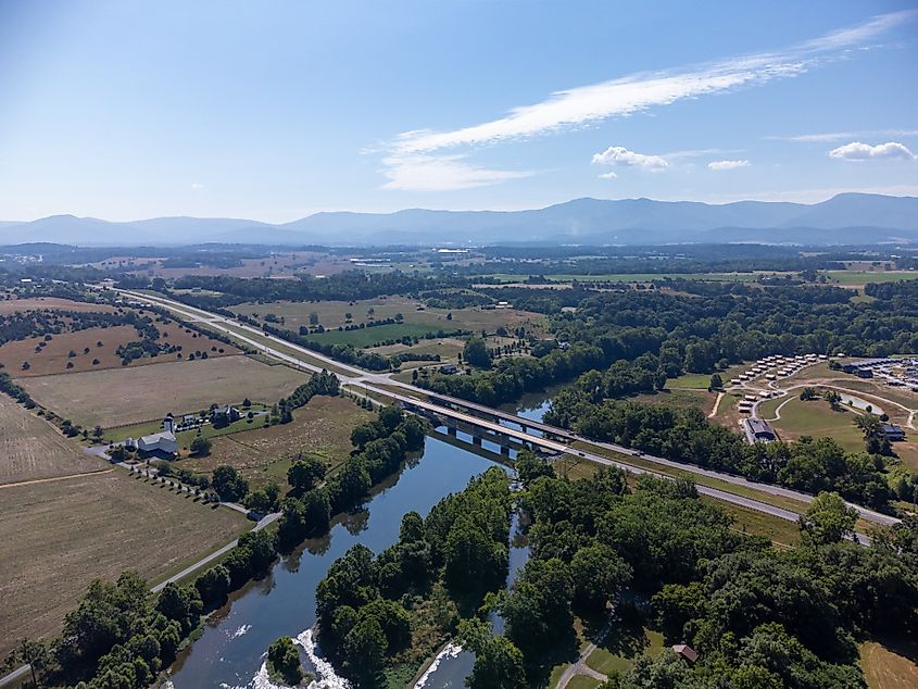 Aerial View of the Shenandoah River and Shenandoah mountains in Luray, Virginia.