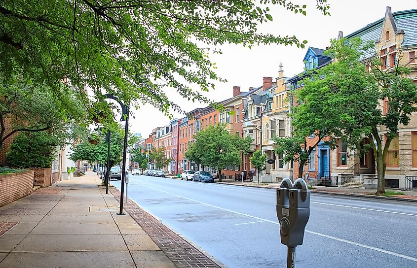 Historic brick buildings in York, Pennsylvania, on a rainy morning.