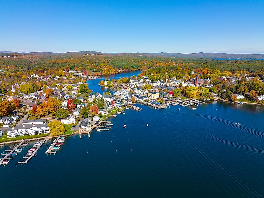 Lake Winnipesaukee aerial view in fall on Main Street, town of Wolfeboro, New Hampshire, USA.