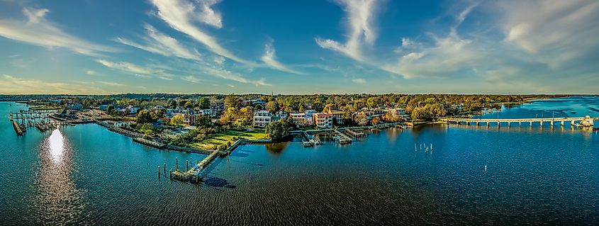 Aerial summer view of colonial Chestertown on the Chesapeake Bay in Maryland.