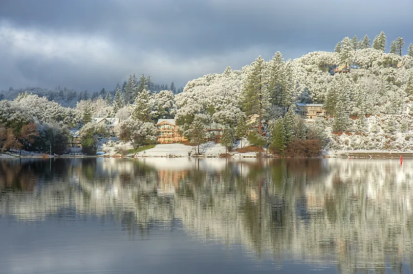 A calm winter view across Pine Mountain Lake toward the Dunn Court area in Groveland, California.