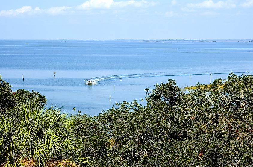 Motorboat approaching Cedar Key, Florida.