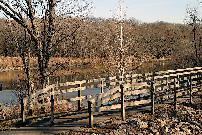 Wooden Bridge and River - Winter time - Coralville, near Iowa City, Iowa.