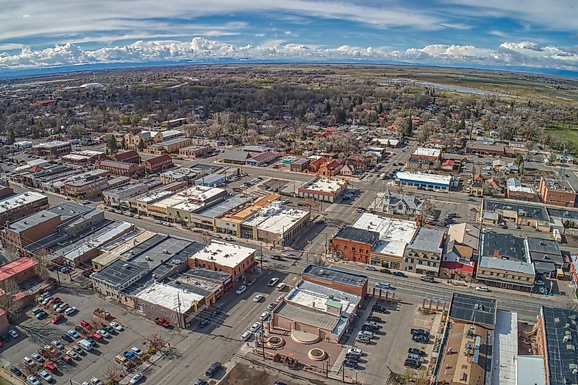 Aerial View of Downtown Alamosa and Train Station in Spring