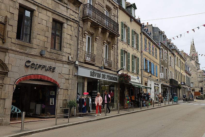 Rustic buildings along a street in Saint-Pol-de-Leon, France.