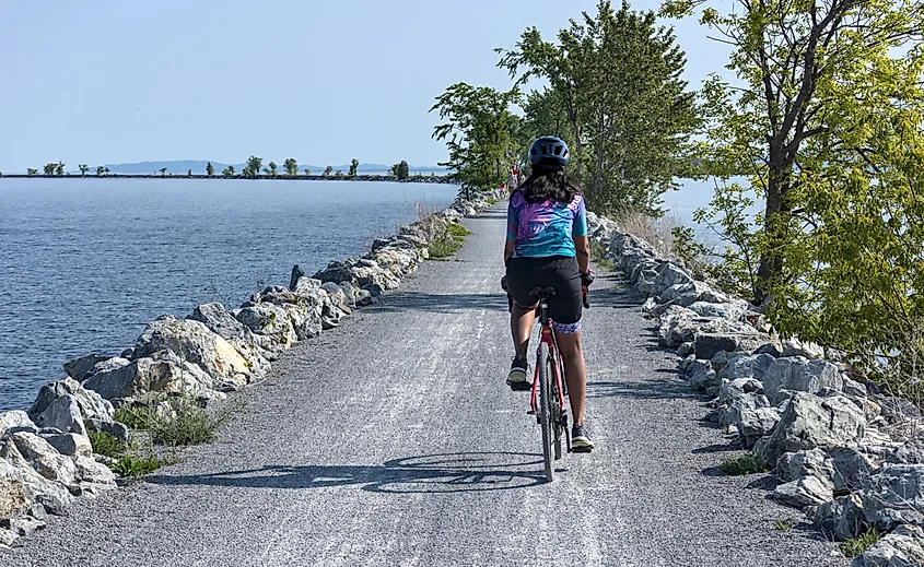 The colchester causeway in Vermont (Burlington gravel bike cycling path across Lake Champlain to South Hero Island line rail trail).