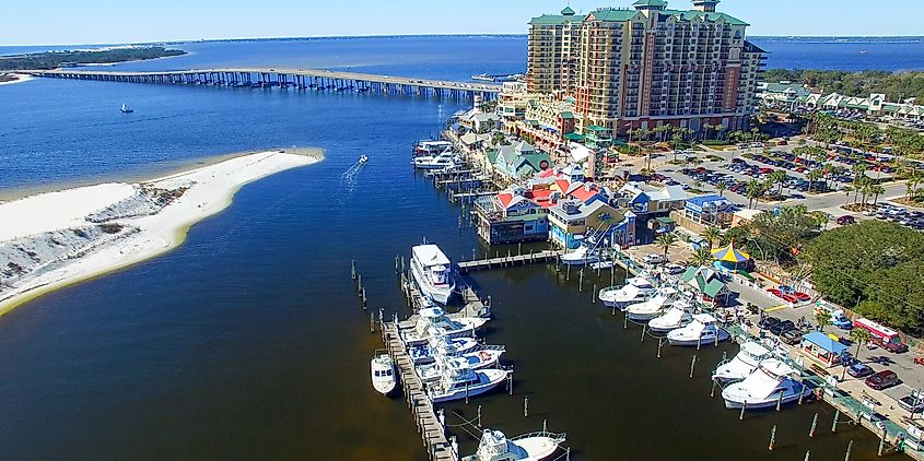 Aerial view of the marina and waterfront buildings in Destin, Florida.