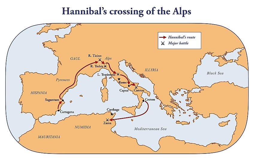 Map with the route of Hannibal crossing of the Alps
