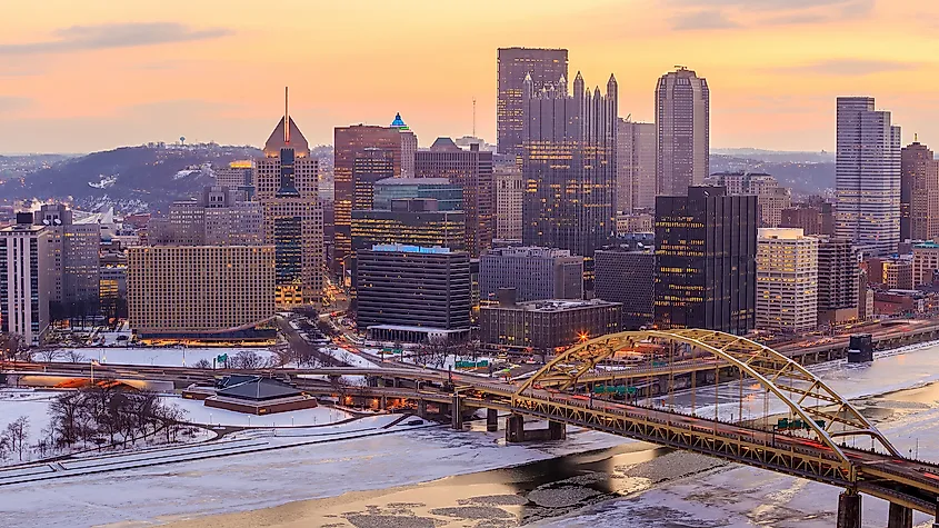 The downtown skyline of Pittsburgh, Pennsylvania, at sunrise.