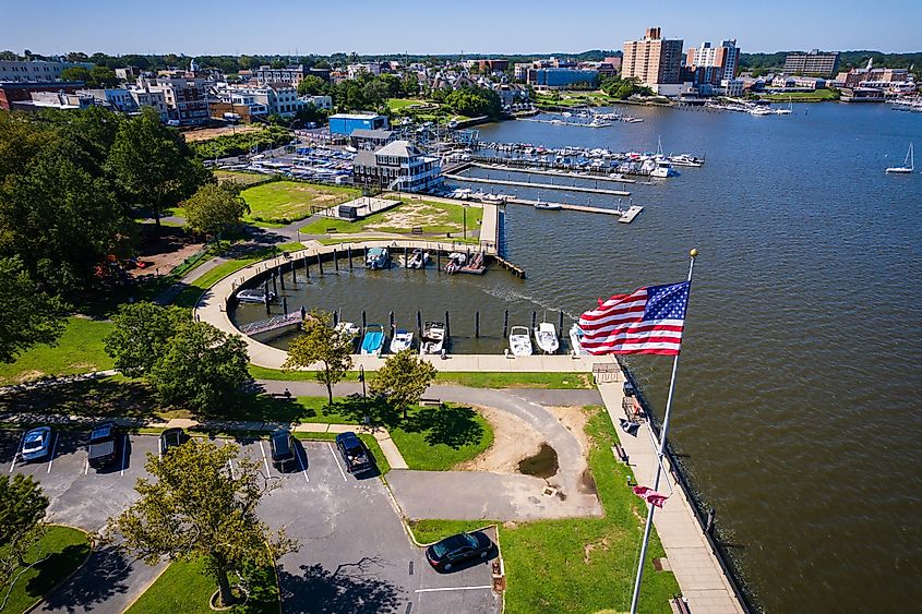 Aerial view of Red Bank and the Navesink River in New Jersey.