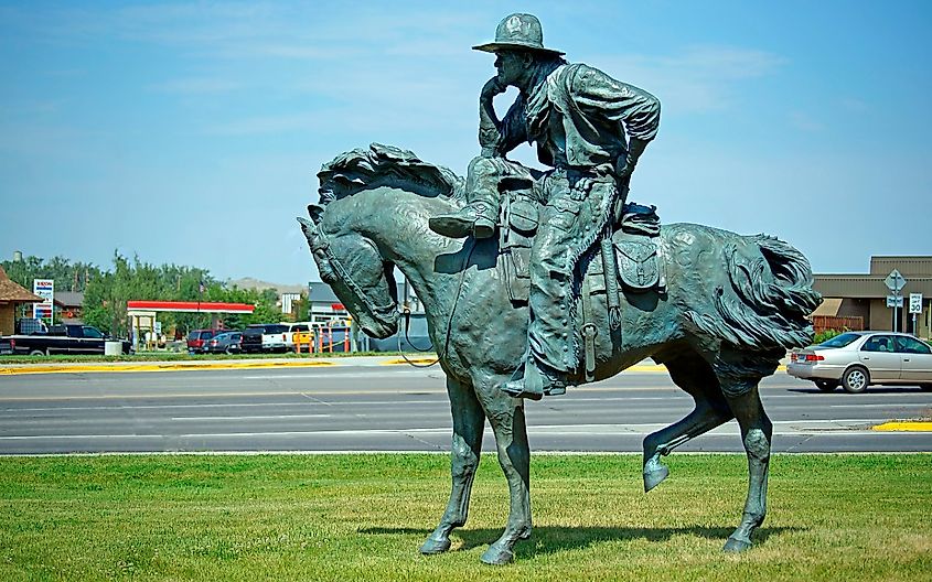 Statue of Cowboy resting on his horse in Lander, Wyoming.